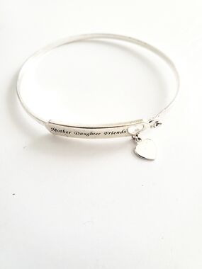 Silver Mother Daughter Friends Heart Charm Bangle Bracelet
